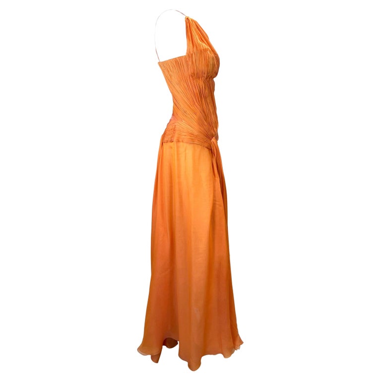 S/S 2005 Roberto Cavalli Ruched Orange Silk Chiffon Asymmetric High Slit Gown For Sale 1