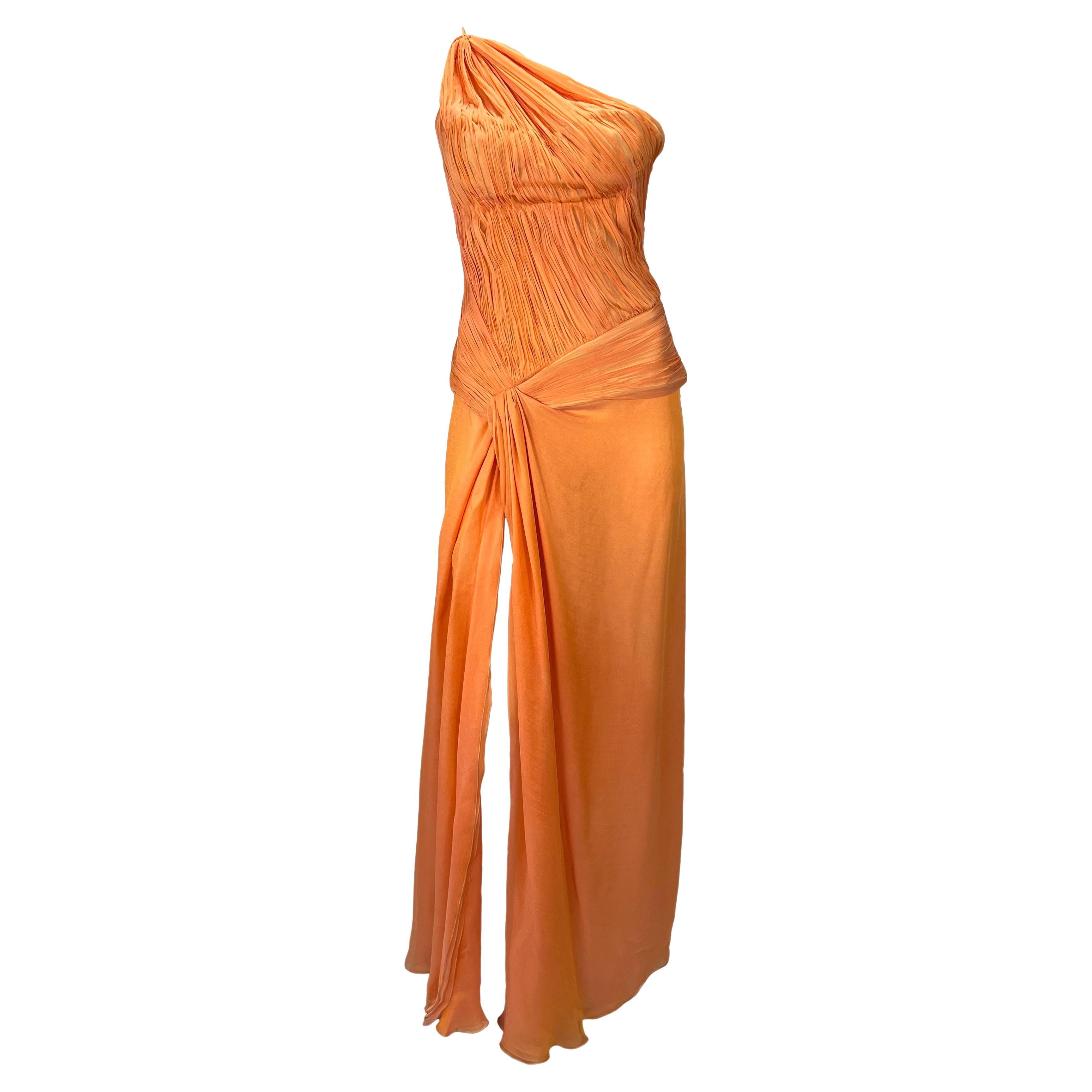 S/S 2005 Roberto Cavalli Ruched Orange Silk Chiffon Asymmetric High Slit Gown For Sale