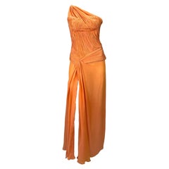 S/S 2005 Roberto Cavalli Ruched Orange Silk Chiffon Asymmetric High Slit Gown