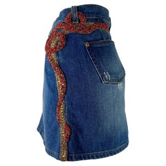 Mini jupe serpent en jean perlée et ornée de strass Roberto Cavalli, P/E 2005