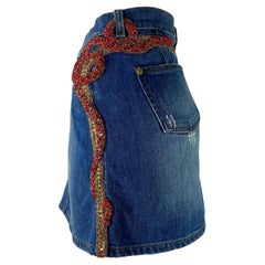 S/S 2005 Roberto Cavalli Schlangen-Minirock aus Denim mit Strass und Perlen