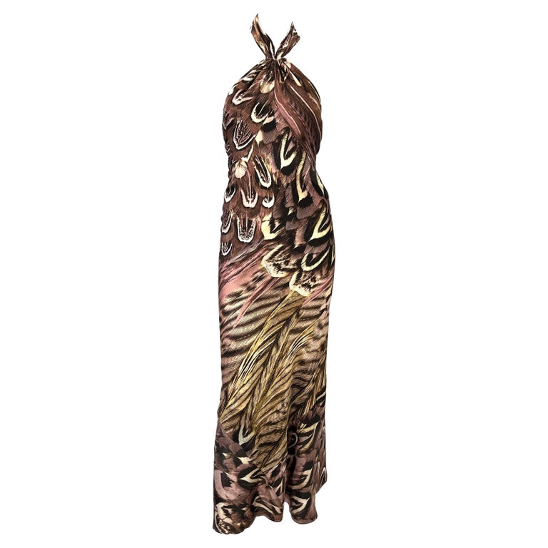 Brown S/S 2005 Roberto Cavalli Silk Feather Print Halter Top Backless Gown For Sale