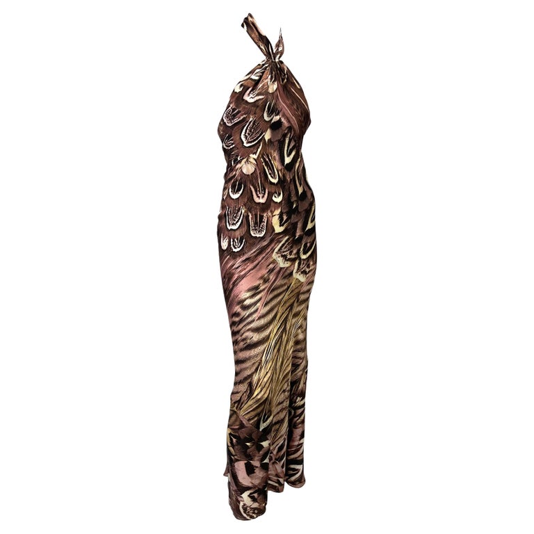 S/S 2005 Roberto Cavalli Silk Feather Print Halter Top Backless Gown In Excellent Condition For Sale In Philadelphia, PA