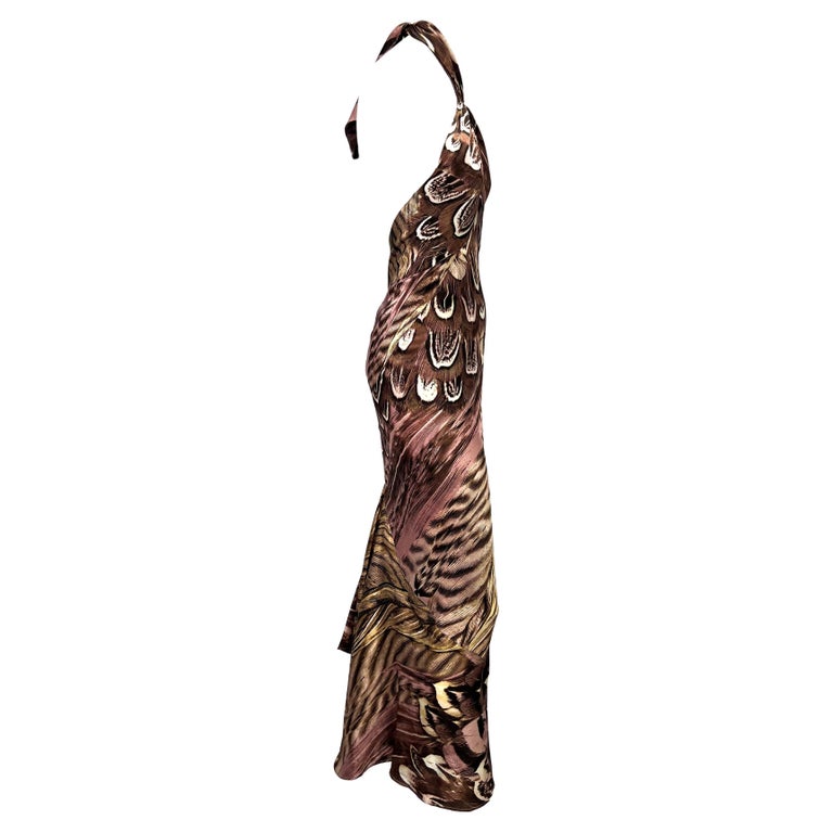 Women's S/S 2005 Roberto Cavalli Silk Feather Print Halter Top Backless Gown For Sale