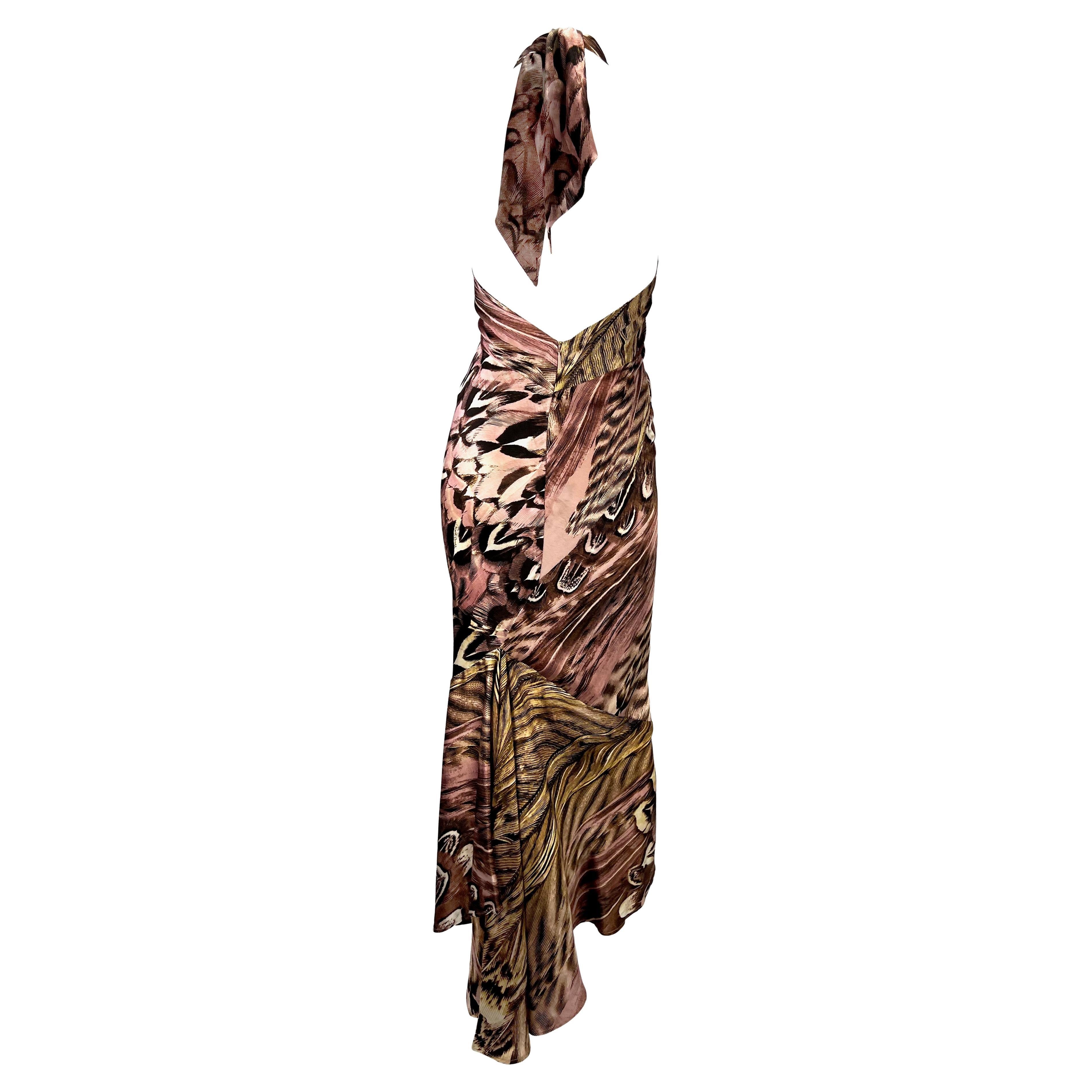 S/S 2005 Roberto Cavalli Silk Feather Print Halter Top Backless Gown In Excellent Condition For Sale In West Hollywood, CA