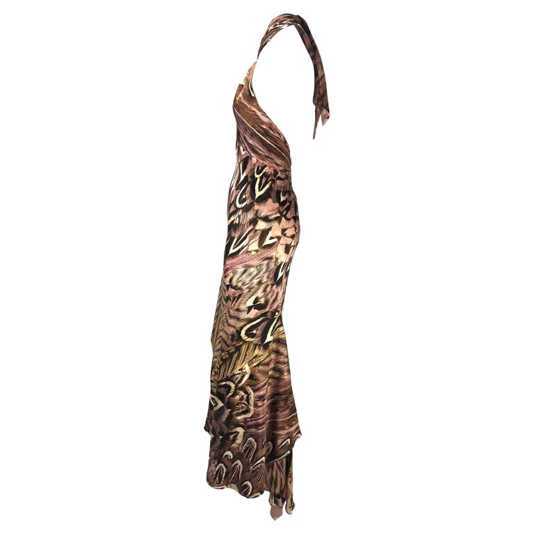 S/S 2005 Roberto Cavalli Silk Feather Print Halter Top Backless Gown For Sale 2