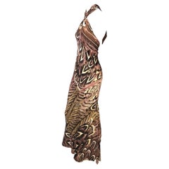 S/S 2005 Roberto Cavalli Silk Feather Print Halter Top Backless Gown