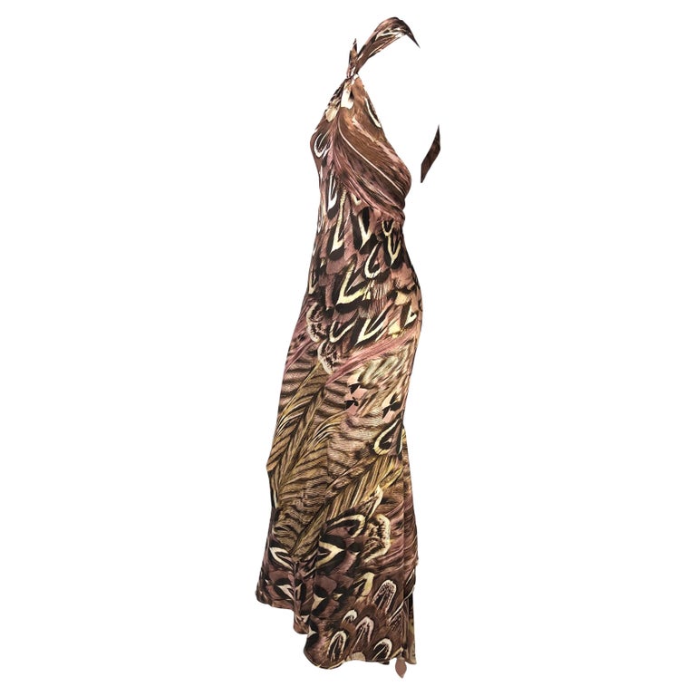 S/S 2005 Roberto Cavalli Silk Feather Print Halter Top Backless Gown For Sale