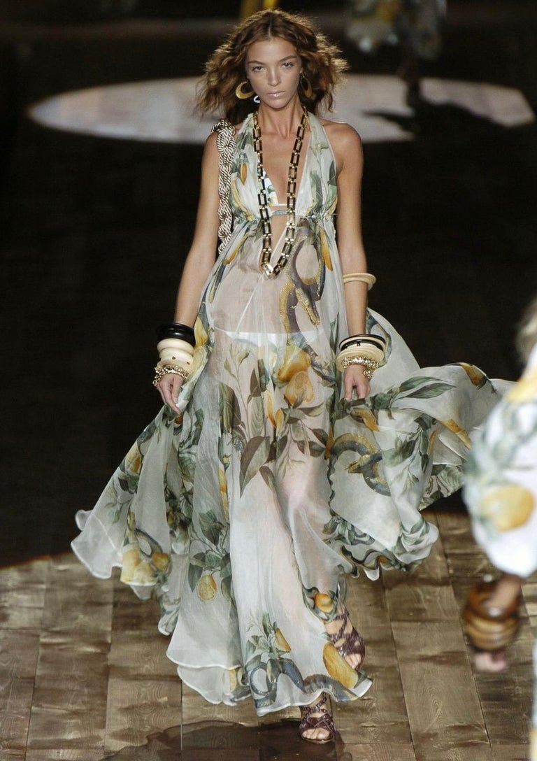 2005 animal silk maxi dress roberto cavalli S/S 2005 Roberto Cavalli Silk Seashell Animal Print Cream Satin Slip Dress