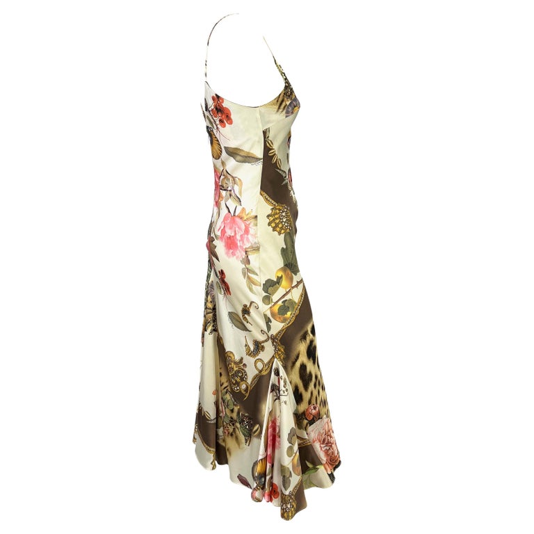 2005 animal silk maxi dress roberto cavalli S/S 2005 Roberto Cavalli Silk Seashell Animal Print Cream Satin Slip Dress