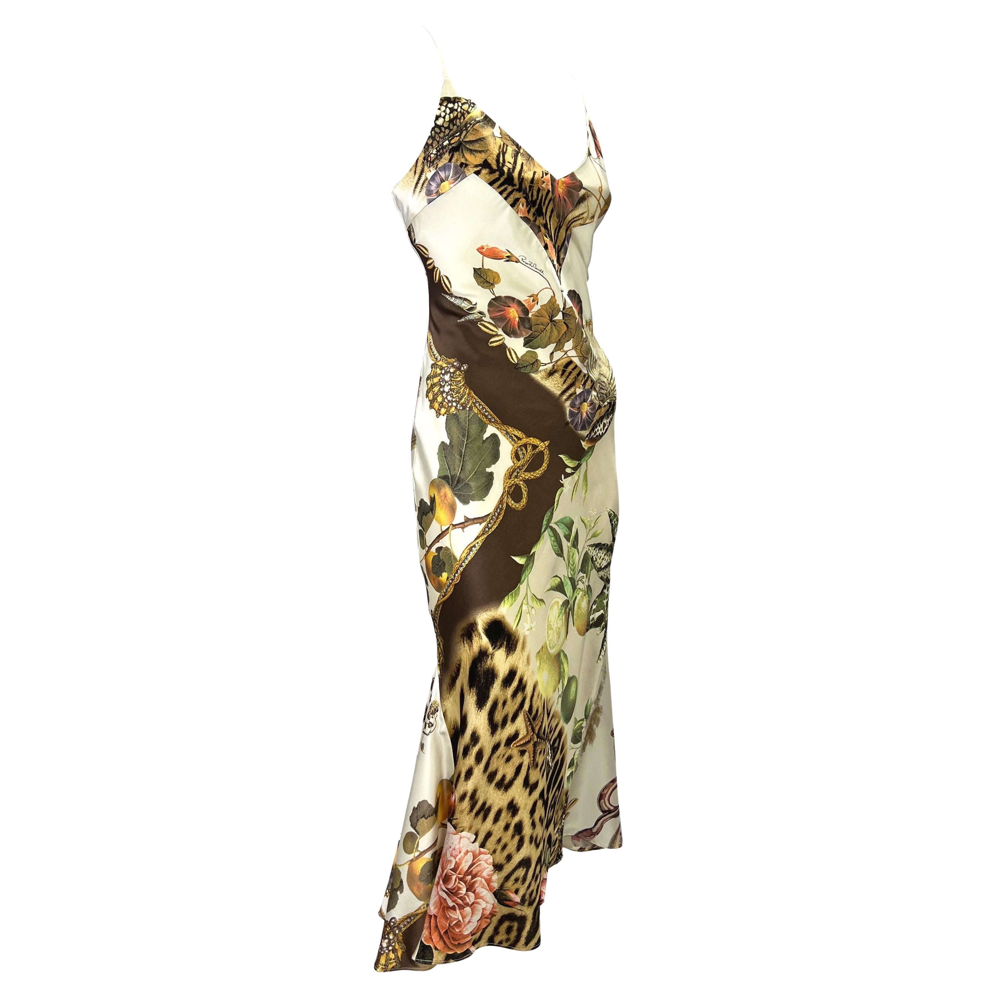Women's S/S 2005 Roberto Cavalli Silk Seashell Animal Print Cream Satin Slip Dress For Sale