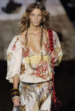 S/S 2005 Roberto Cavalli Silk Seashell Print Cream Satin Chiffon Maxi Dress