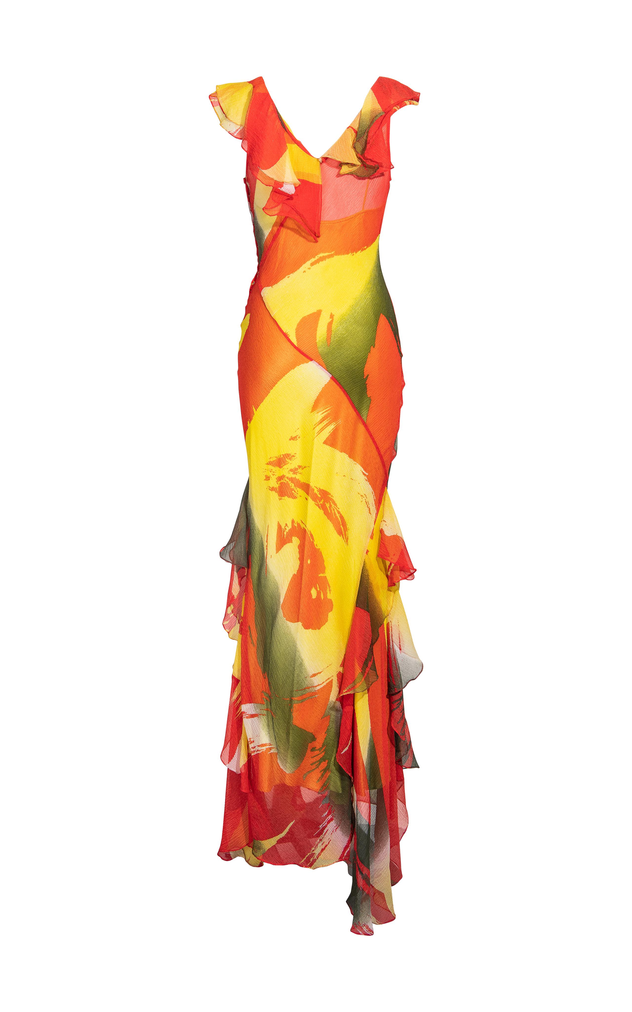 Women's S/S 2005 Stephen Burrows Abstract Print Gown with Ruffle Details
