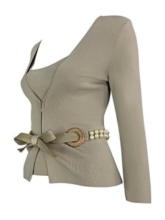 S/S 2005 Valentino Garavani Faux Pearl Sage Green Taupe Cardigan Tank Knit Set