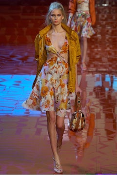 S/S 2005 Valentino Runway Plunging Pink Orange Floral Cut Out Twist Dress 8