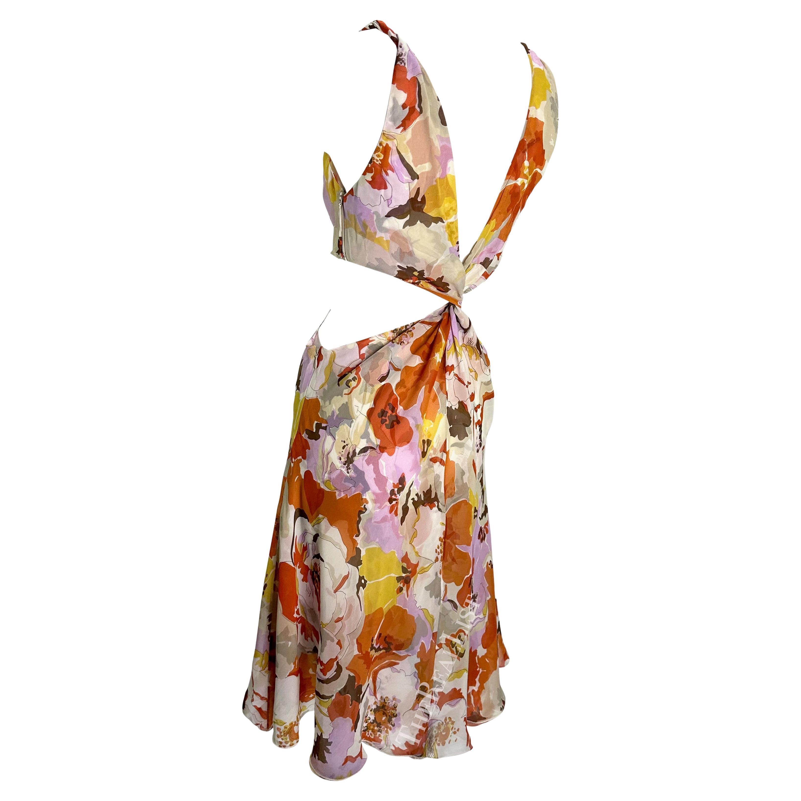 Brown S/S 2005 Valentino Runway Plunging Pink Orange Floral Cut Out Twist Dress For Sale