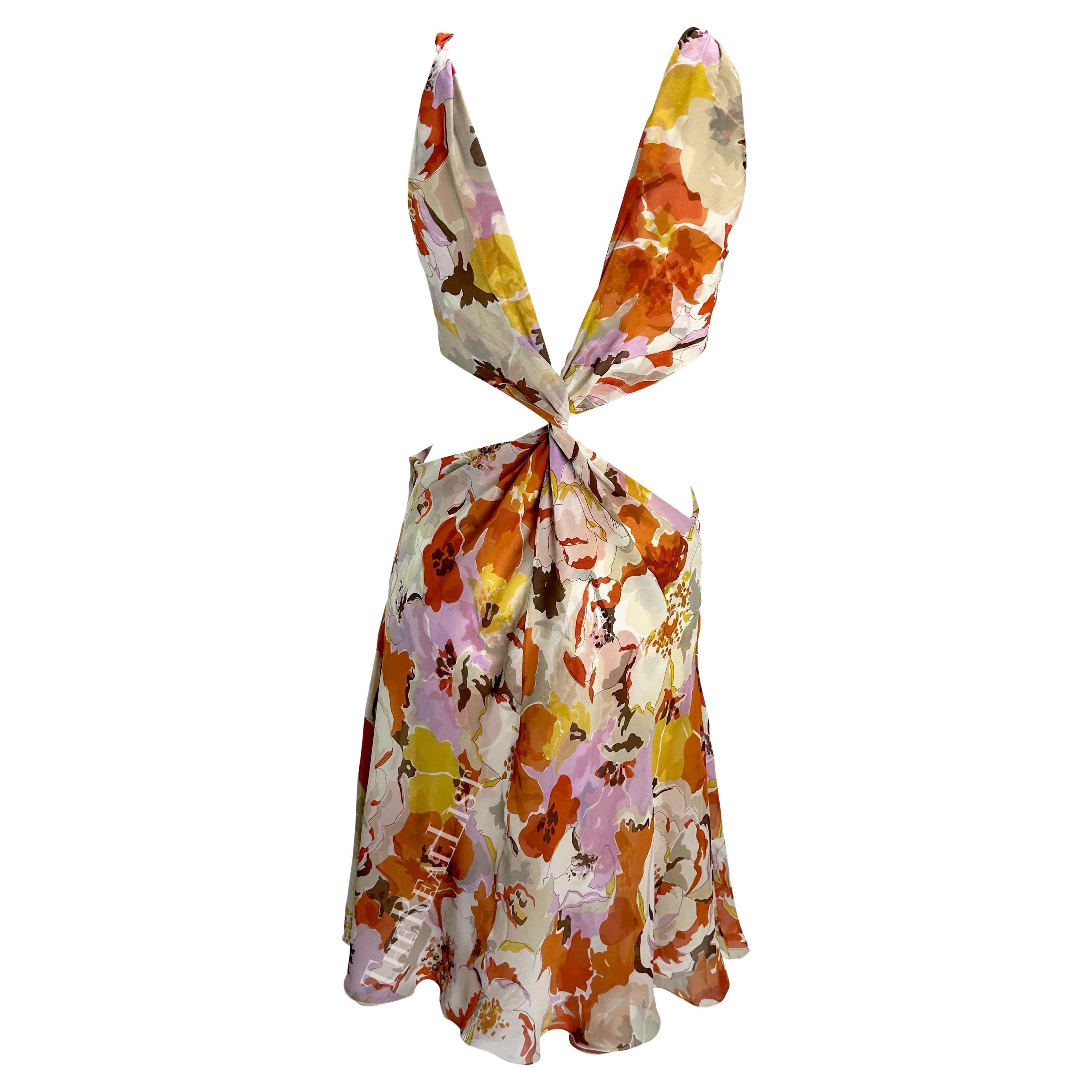 S/S 2005 Valentino Runway Plunging Pink Orange Floral Cut Out Twist Dress In Excellent Condition For Sale In West Hollywood, CA