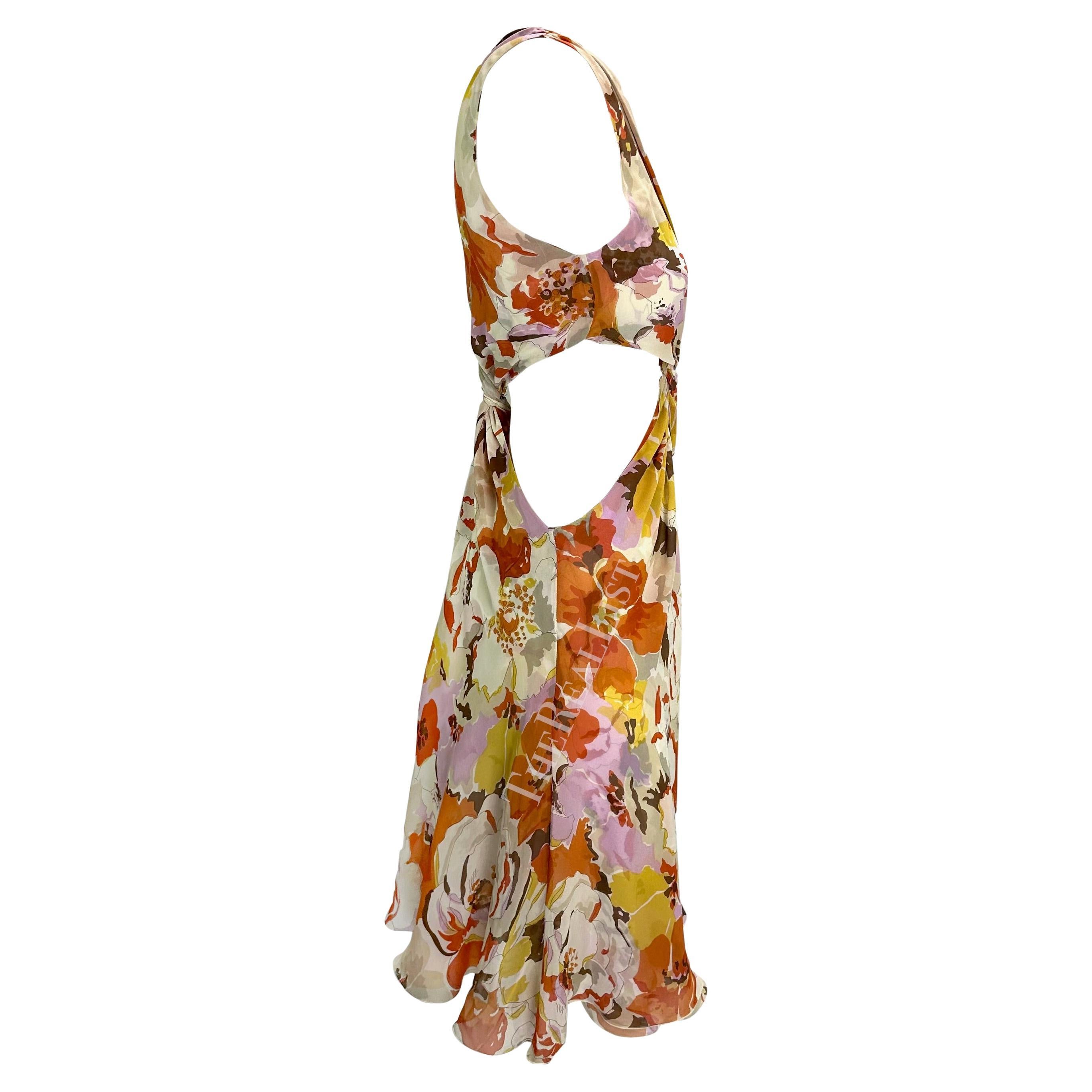 Women's S/S 2005 Valentino Runway Plunging Pink Orange Floral Cut Out Twist Dress For Sale