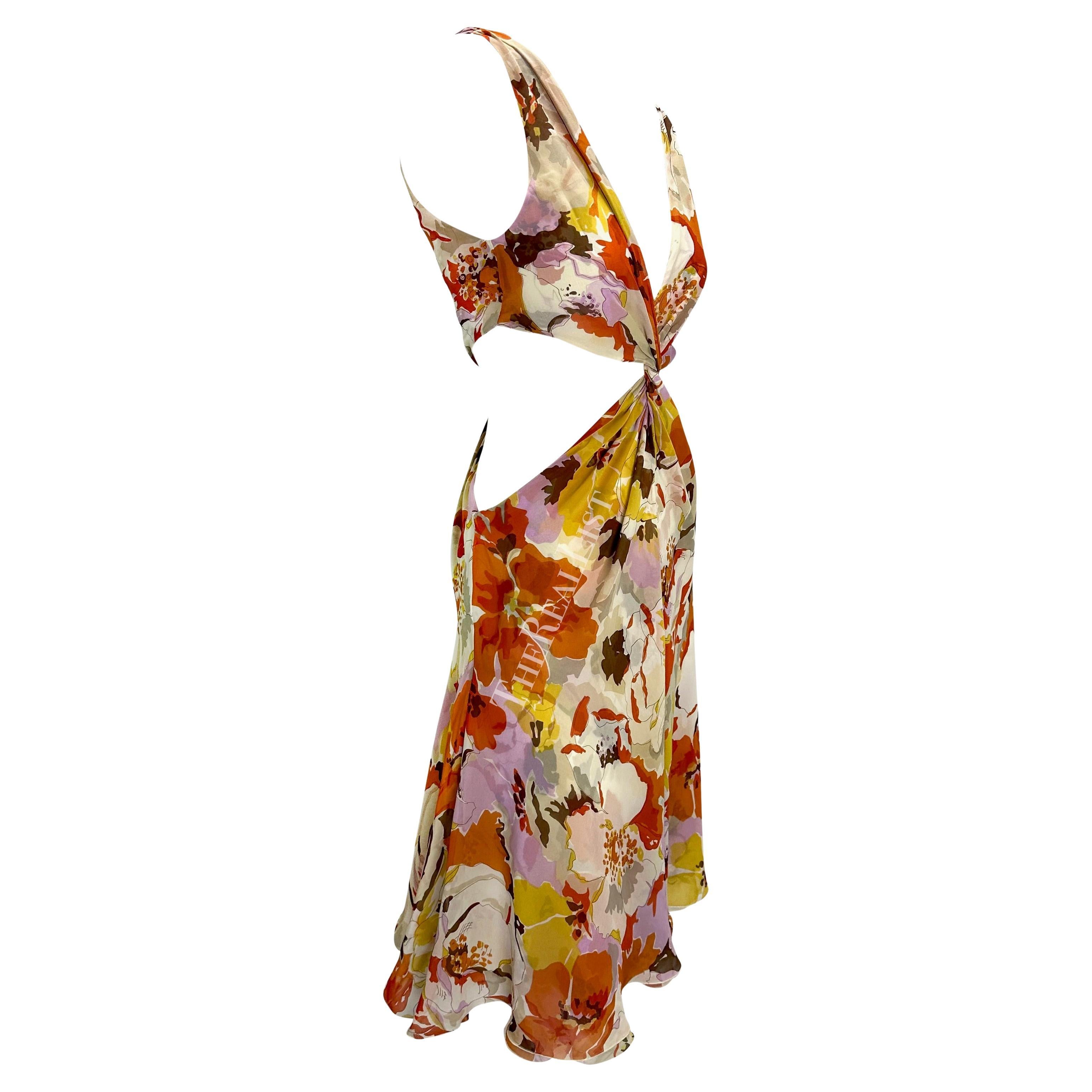 S/S 2005 Valentino Runway Plunging Pink Orange Floral Cut Out Twist Dress For Sale 1