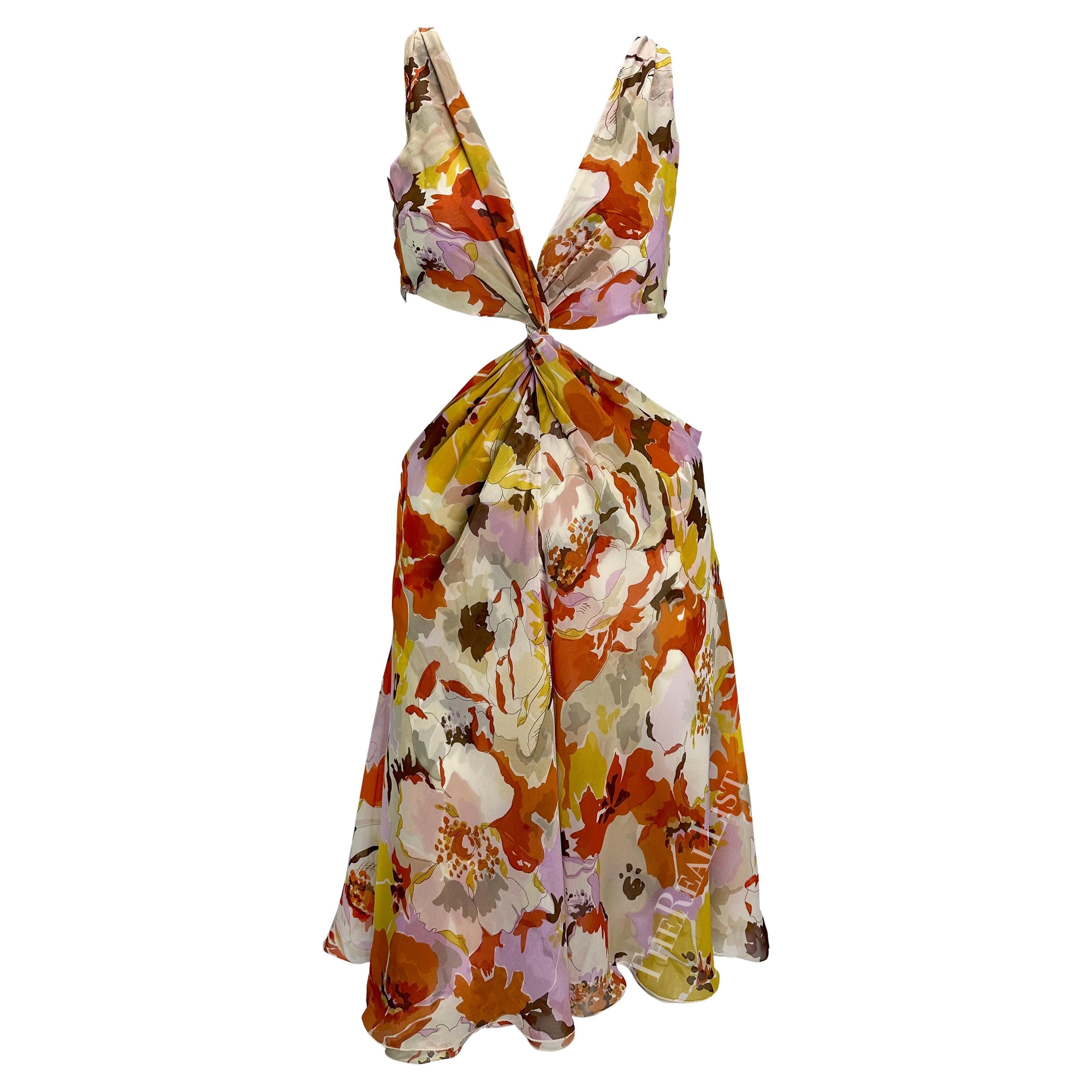 S/S 2005 Valentino Runway Plunging Pink Orange Floral Cut Out Twist Dress For Sale