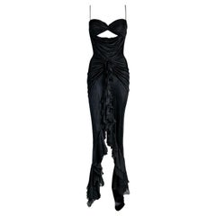 S/S 2005 Versace Black Cut-Out Ruffles High Slit Gown Dress