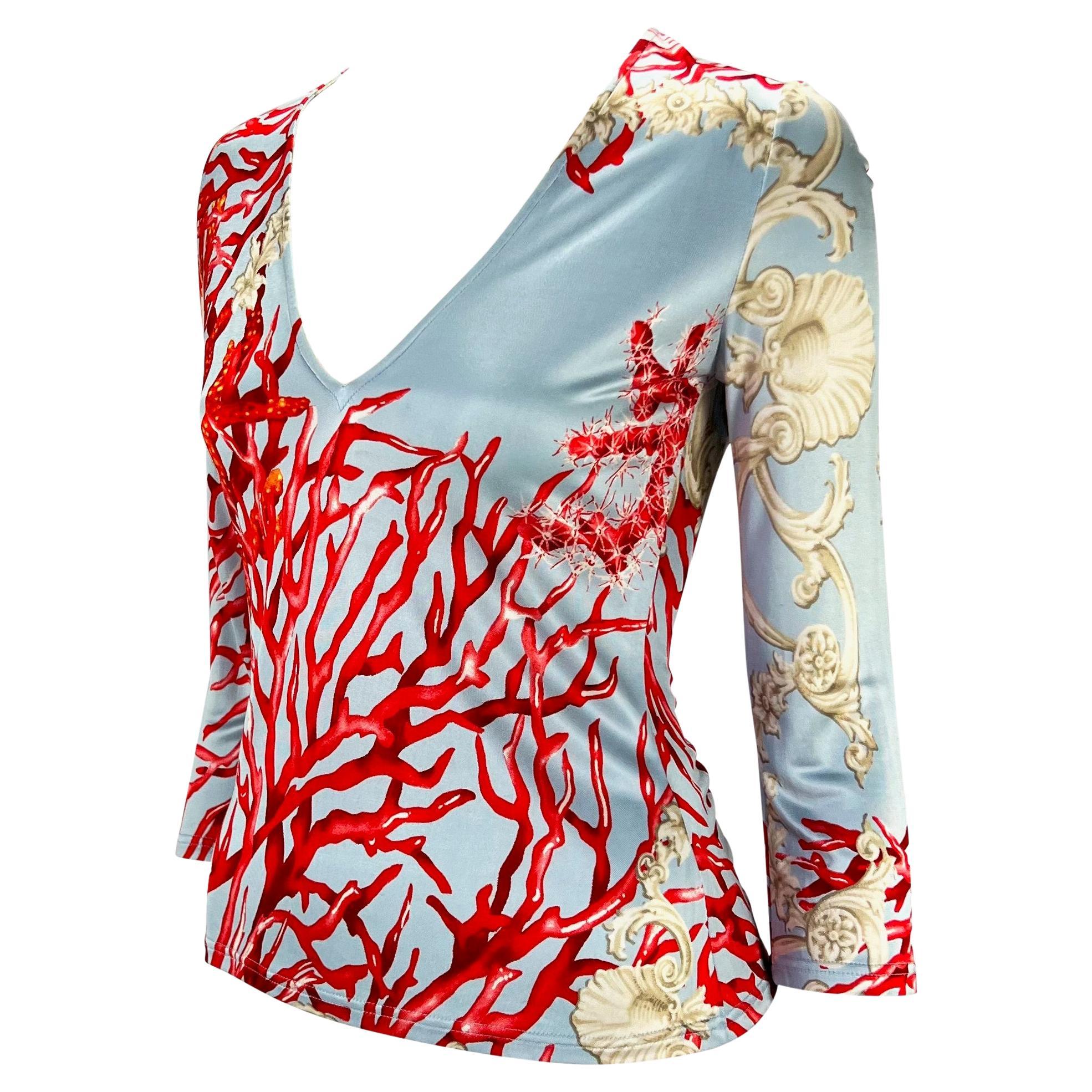 S/S 2005 Versace by Donatella Blue Coral Print Medusa Buckle Viscose Top In Excellent Condition For Sale In West Hollywood, CA