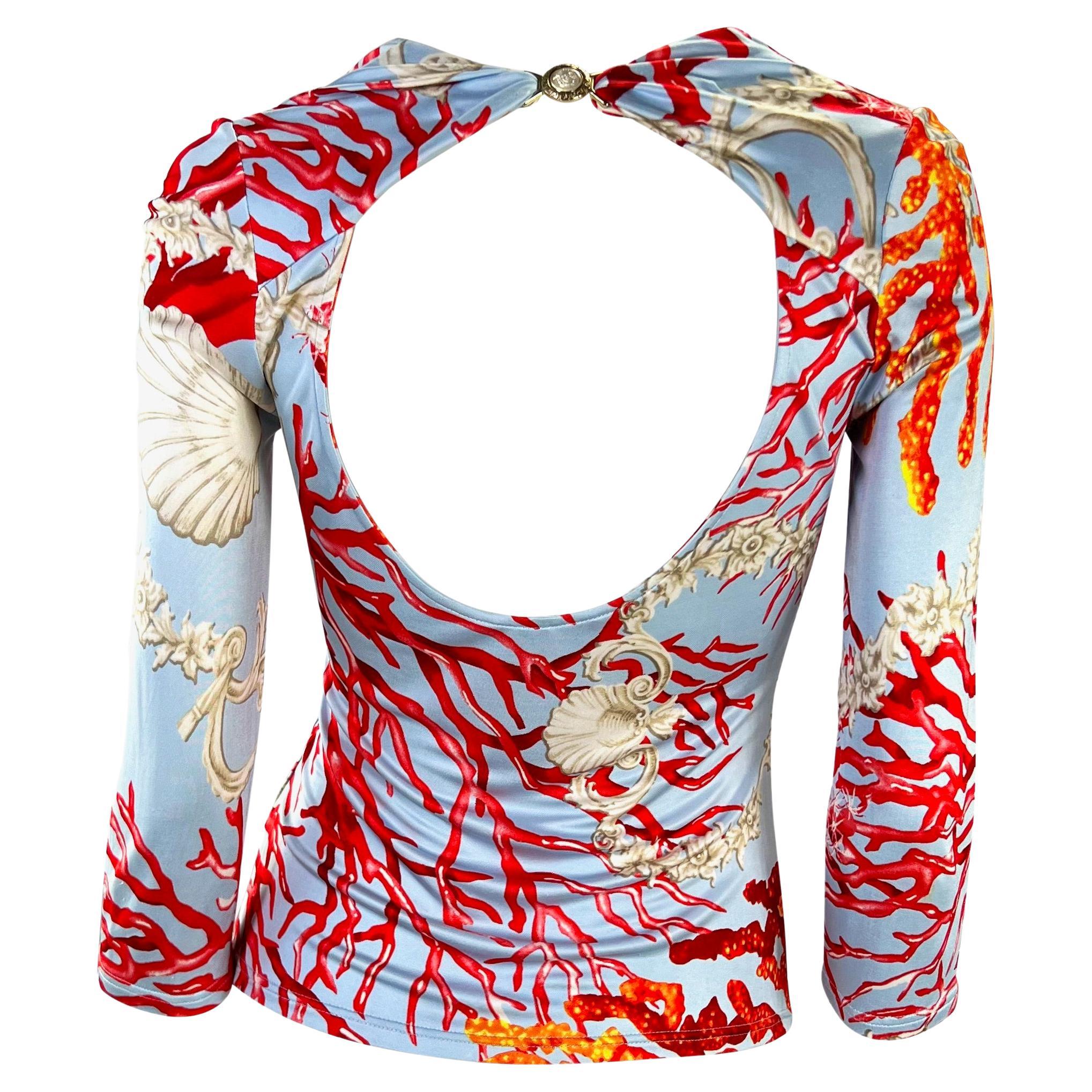 S/S 2005 Versace by Donatella Blue Coral Print Medusa Buckle Viscose Top For Sale 1