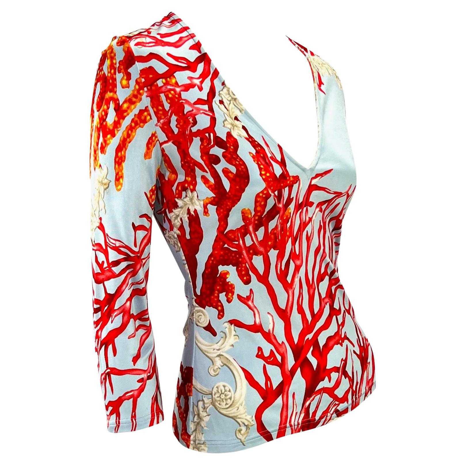 S/S 2005 Versace by Donatella Blue Coral Print Medusa Buckle Viscose Top For Sale 3