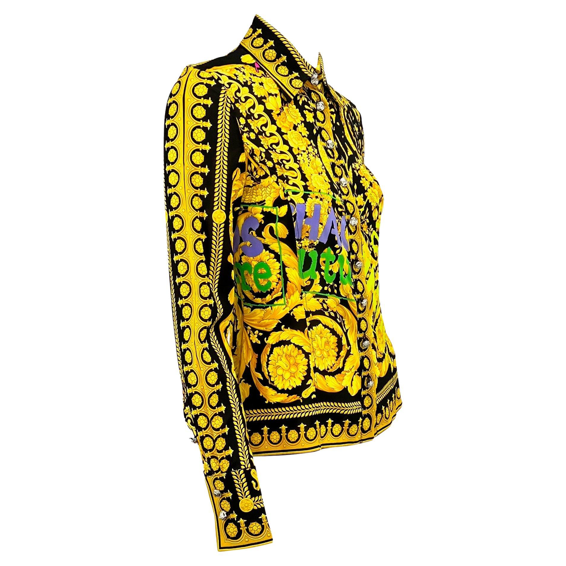 Women's NWT S/S 2005 Versace by Donatella Chaos Couture Gold Baroque Graffiti Print Top For Sale
