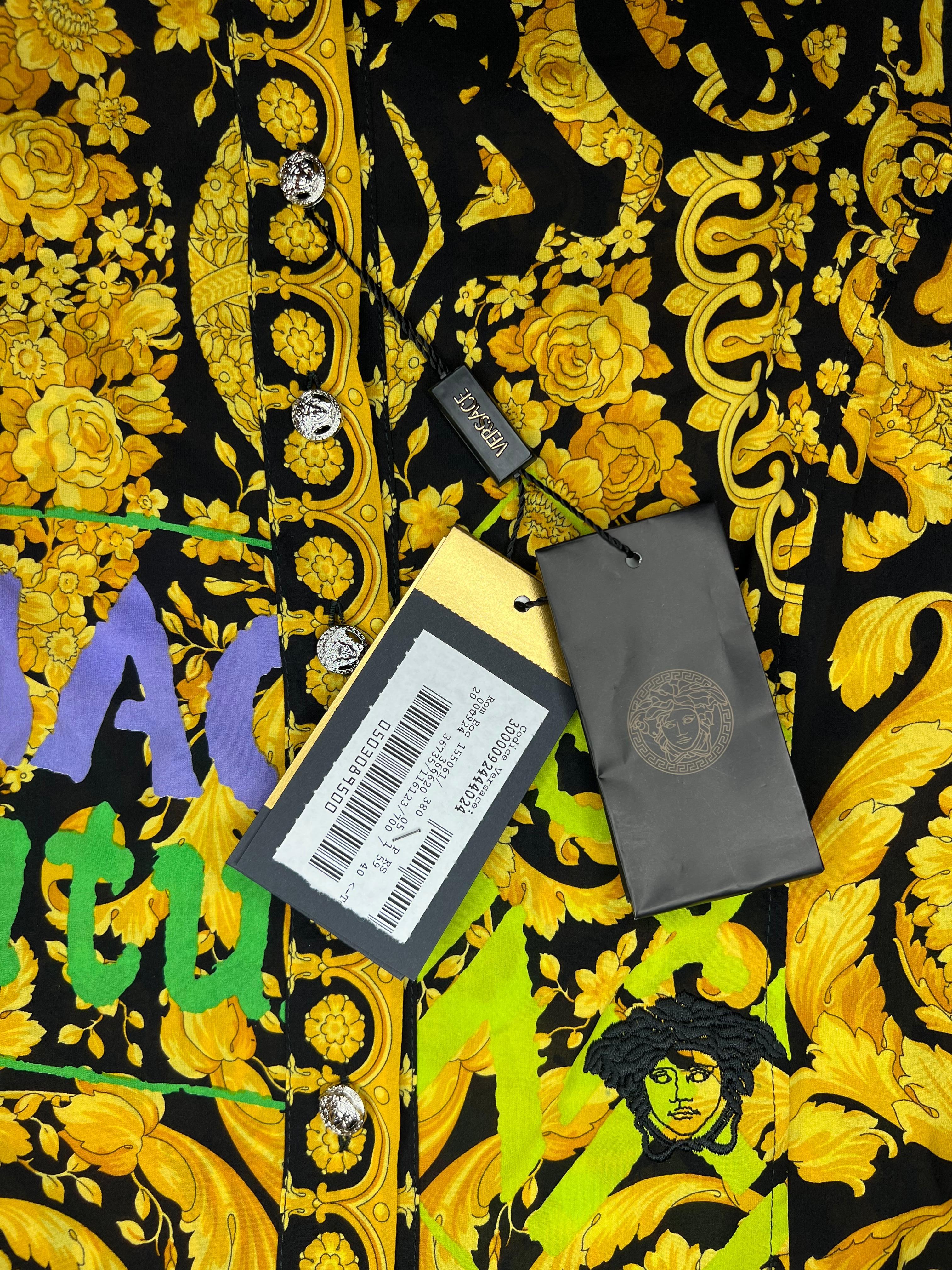NWT S/S 2005 Versace by Donatella Chaos Couture Gold Baroque Graffiti Print Top For Sale 1