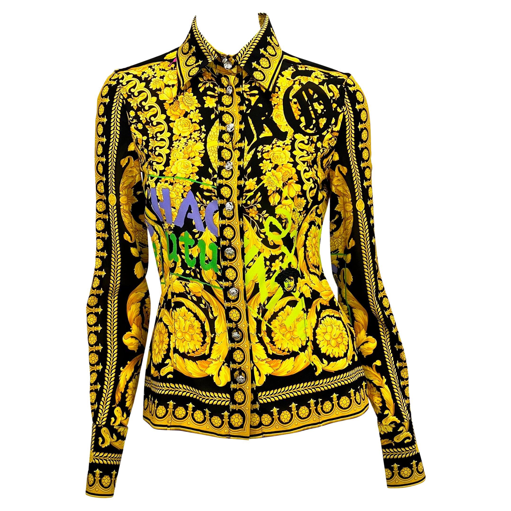 S/S 2005 Versace by Donatella Chaos Couture Gold Baroque Graffiti Print Top NWT