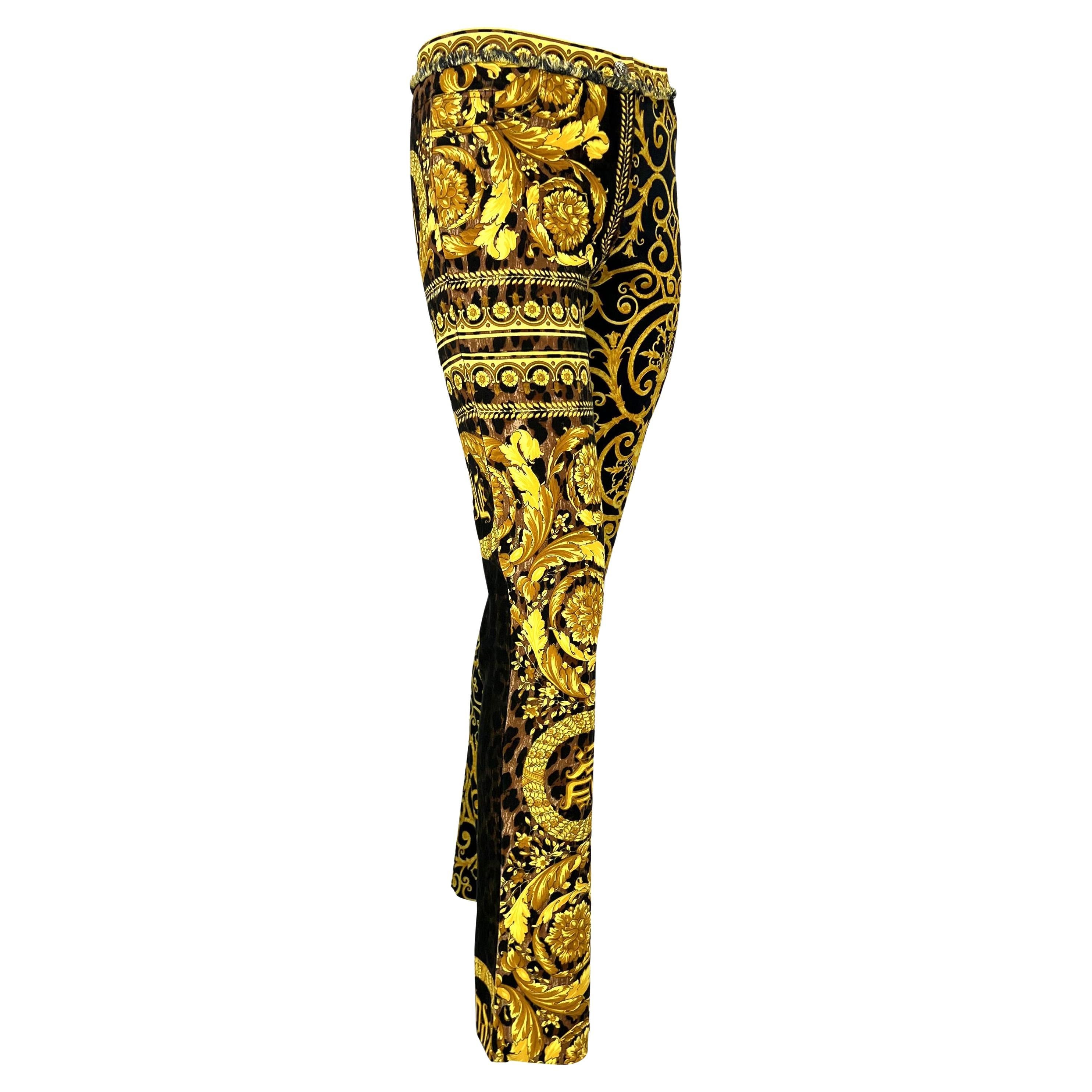 Brown S/S 2005 Versace by Donatella Chaos Couture Gold Leopard Baroque Print Jeans For Sale