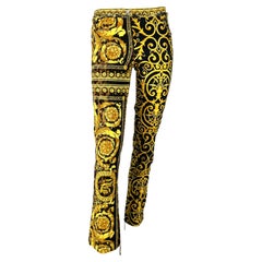 S/S 2005 Versace by Donatella Chaos Couture Gold Leopard Baroque Print Jeans