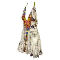 S/S 2005 Versace by Donatella Chaos Couture Multicolor Cross Print Halter Dress