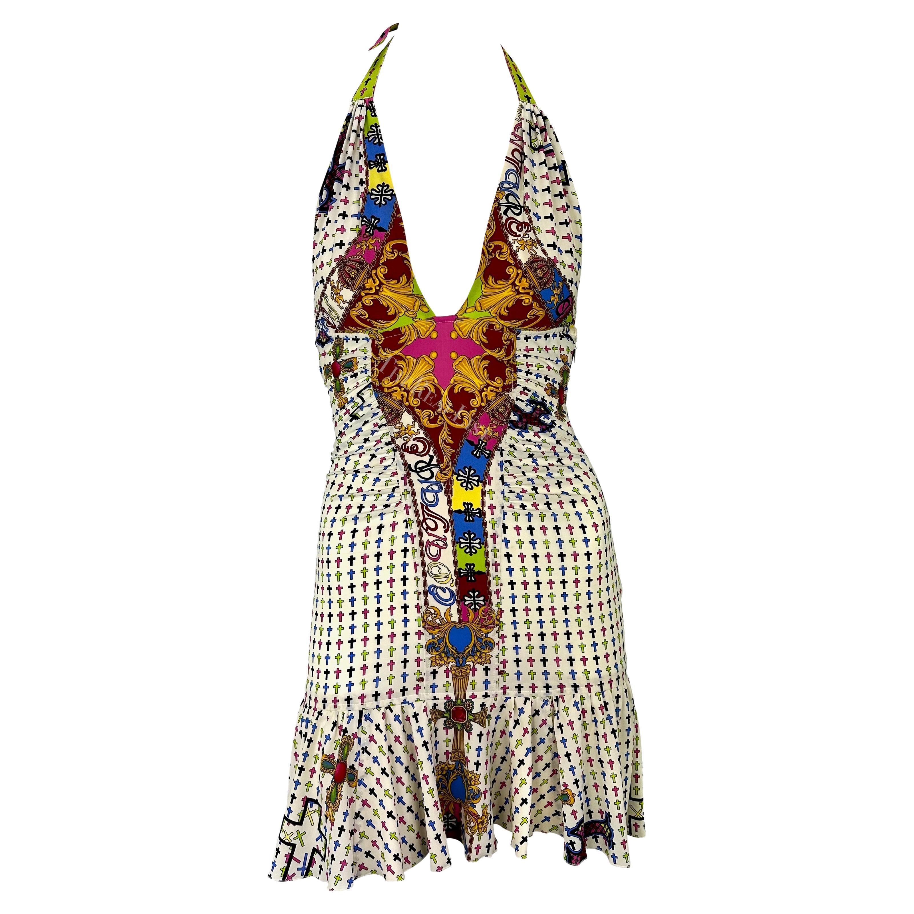 S/S 2005 Versace by Donatella Chaos Couture Multicolor Cross Print Halter Dress