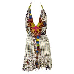 S/S 2005 Versace by Donatella Chaos Couture Multicolor Cross Print Halter Dress