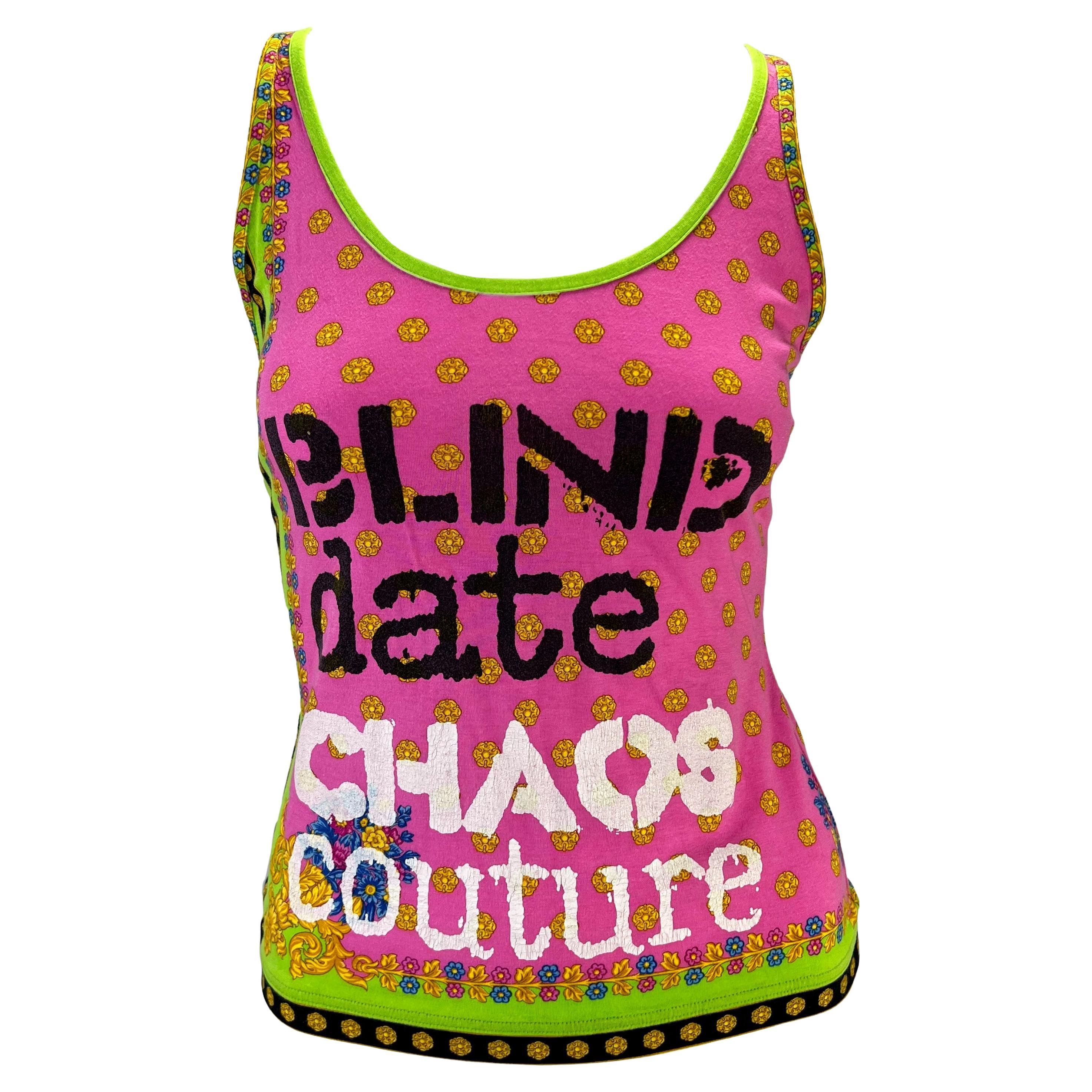 S/S 2005 Versace by Donatella Chaos Couture Print Pink Stretch Racer Tank Top