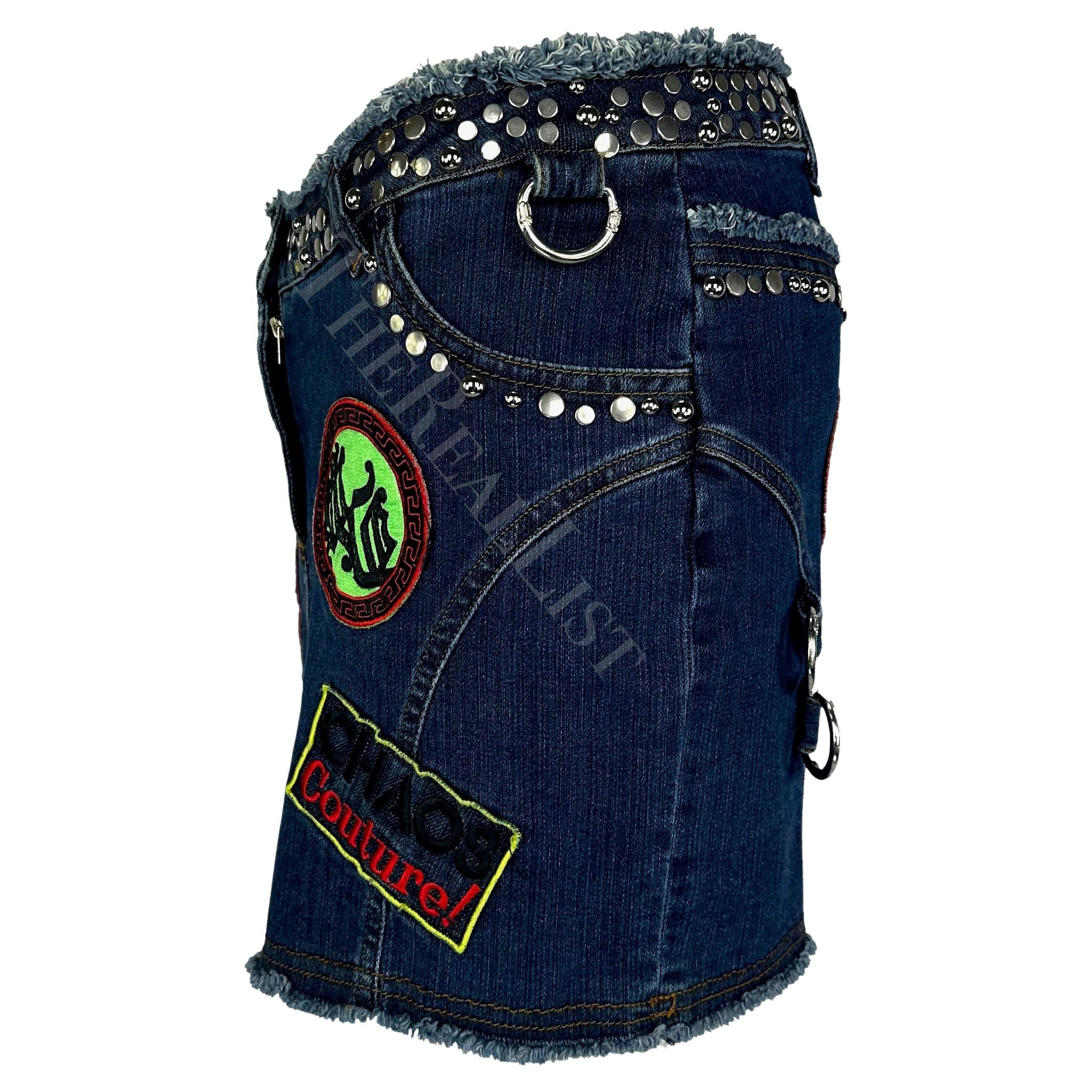 S/S 2005 Versace by Donatella Chaos Couture Studded Denim Patch Vest Skirt Set For Sale 8