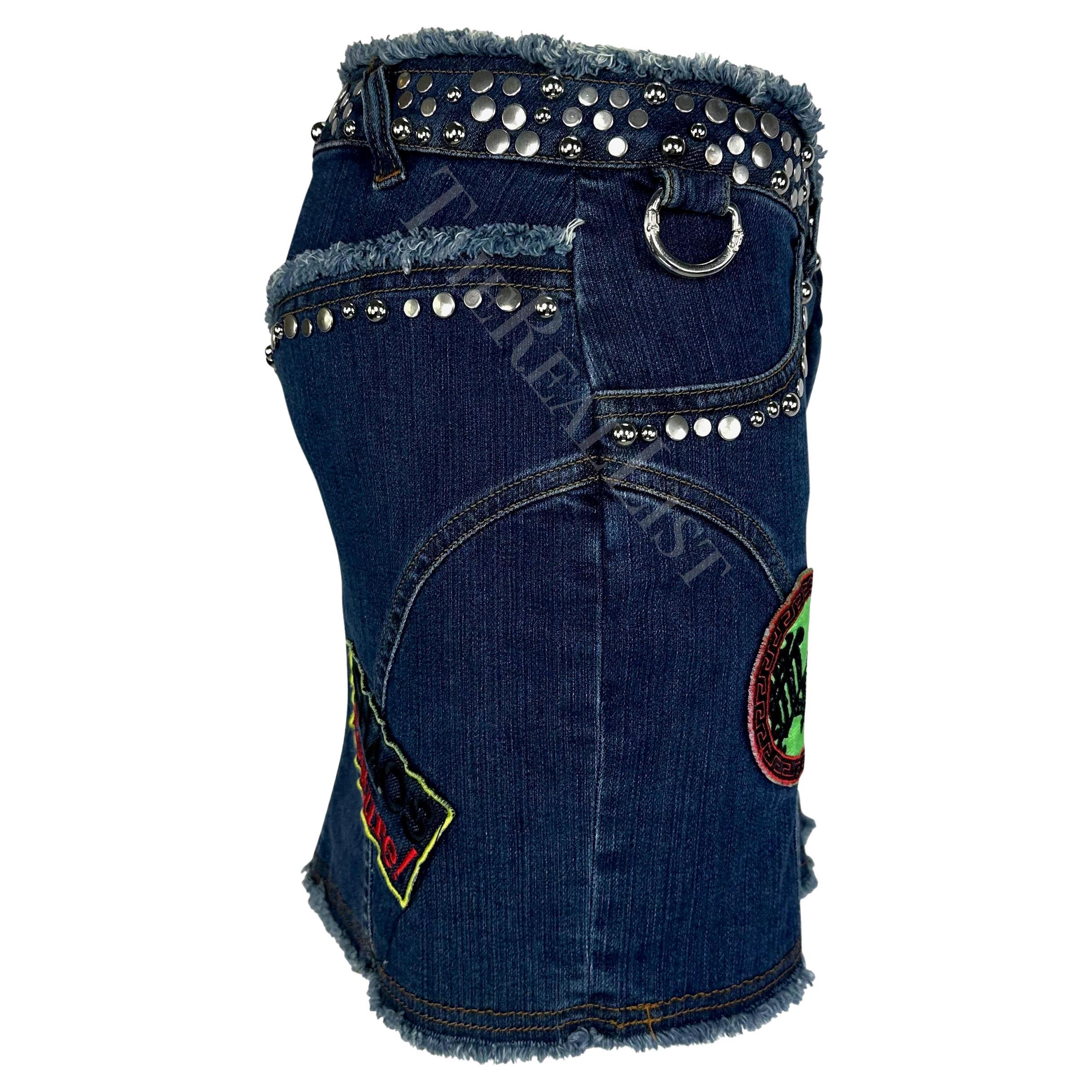 S/S 2005 Versace by Donatella Chaos Couture Studded Denim Patch Vest Skirt Set For Sale 10