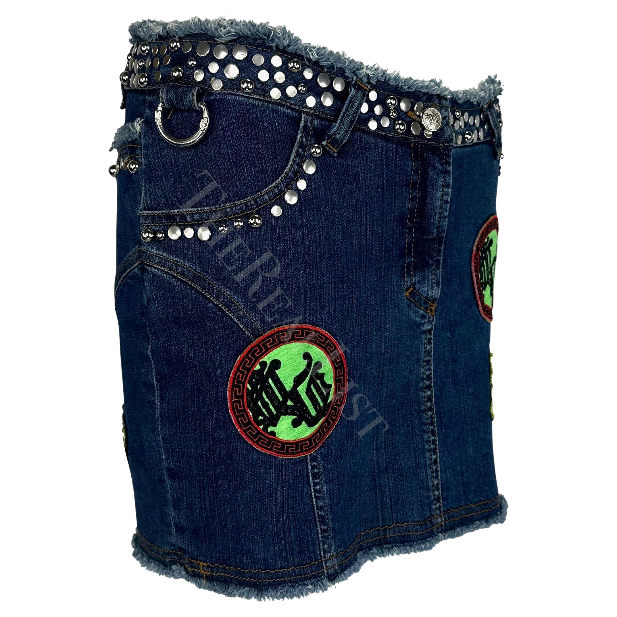 S/S 2005 Versace by Donatella Chaos Couture Studded Denim Patch Vest Skirt Set For Sale 11