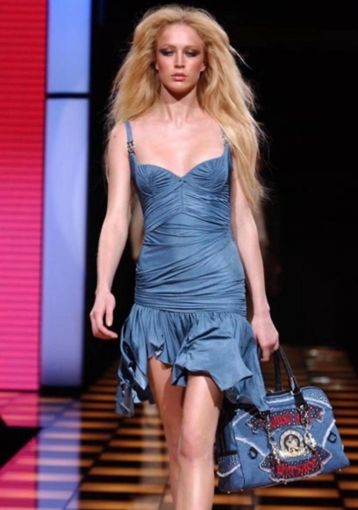 S/S 2005 Versace by Donatella Chaos Couture Studded Denim Patch Vest Skirt Set For Sale 13