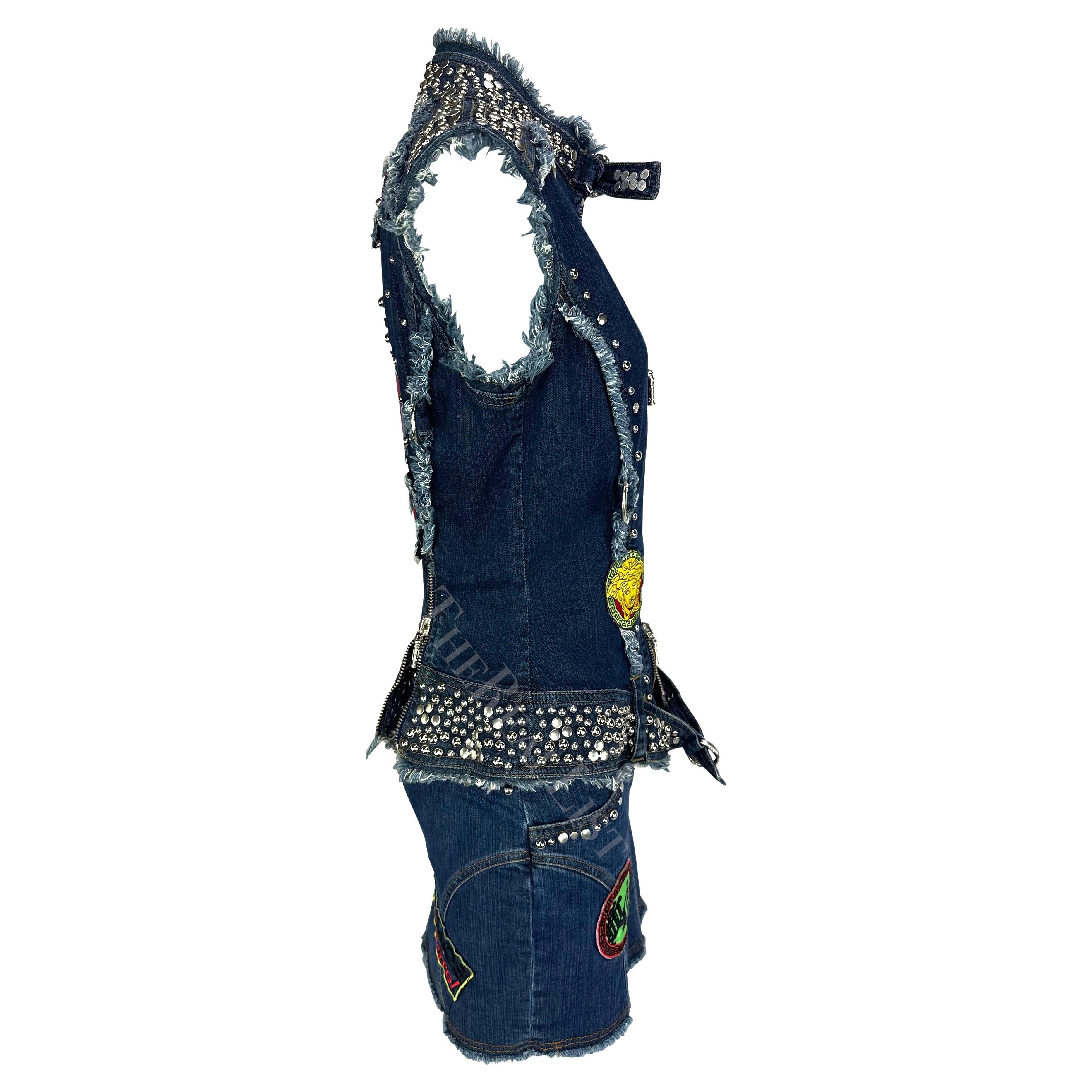 S/S 2005 Versace by Donatella Chaos Couture Studded Denim Patch Vest Skirt Set In Excellent Condition For Sale In West Hollywood, CA