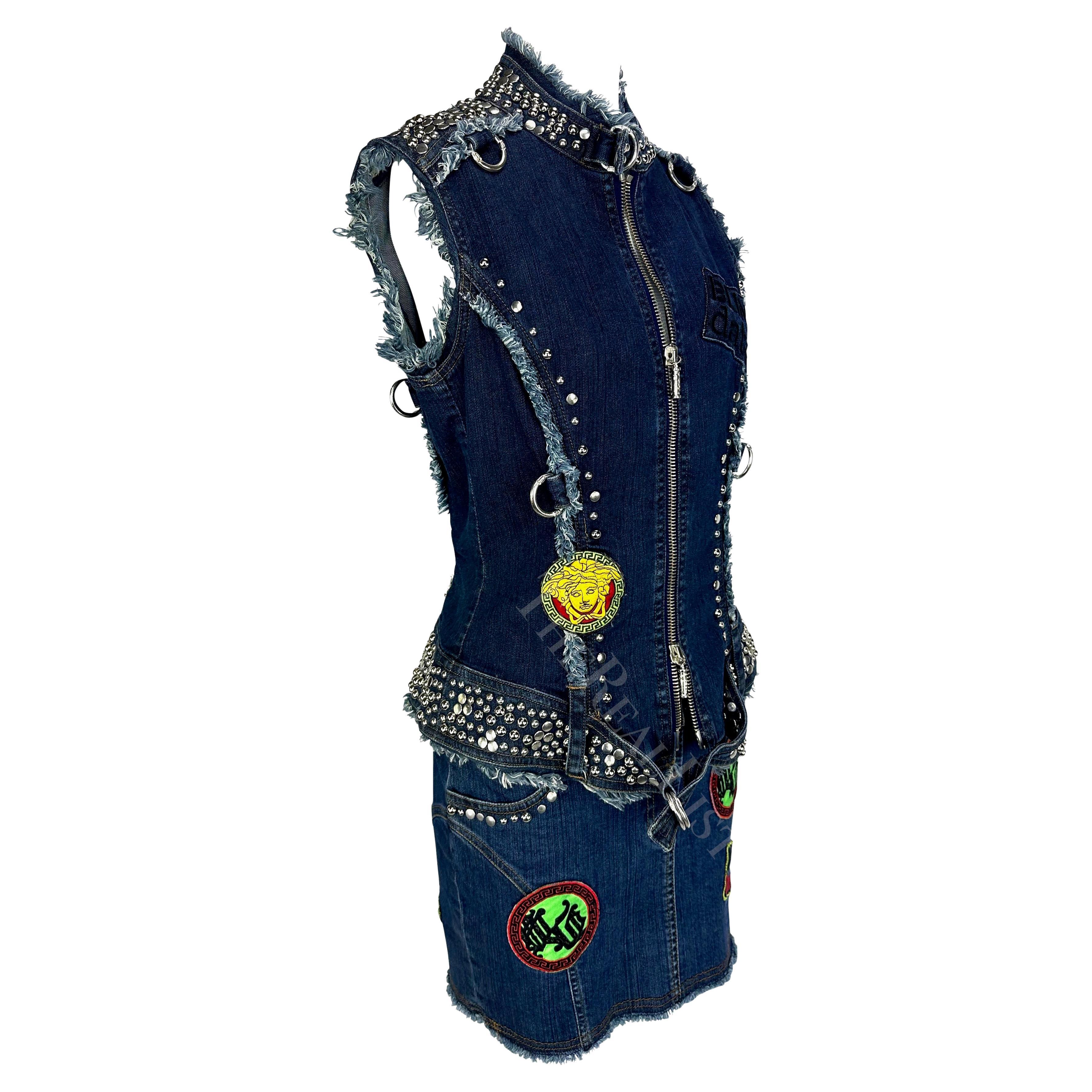 Women's S/S 2005 Versace by Donatella Chaos Couture Studded Denim Patch Vest Skirt Set For Sale