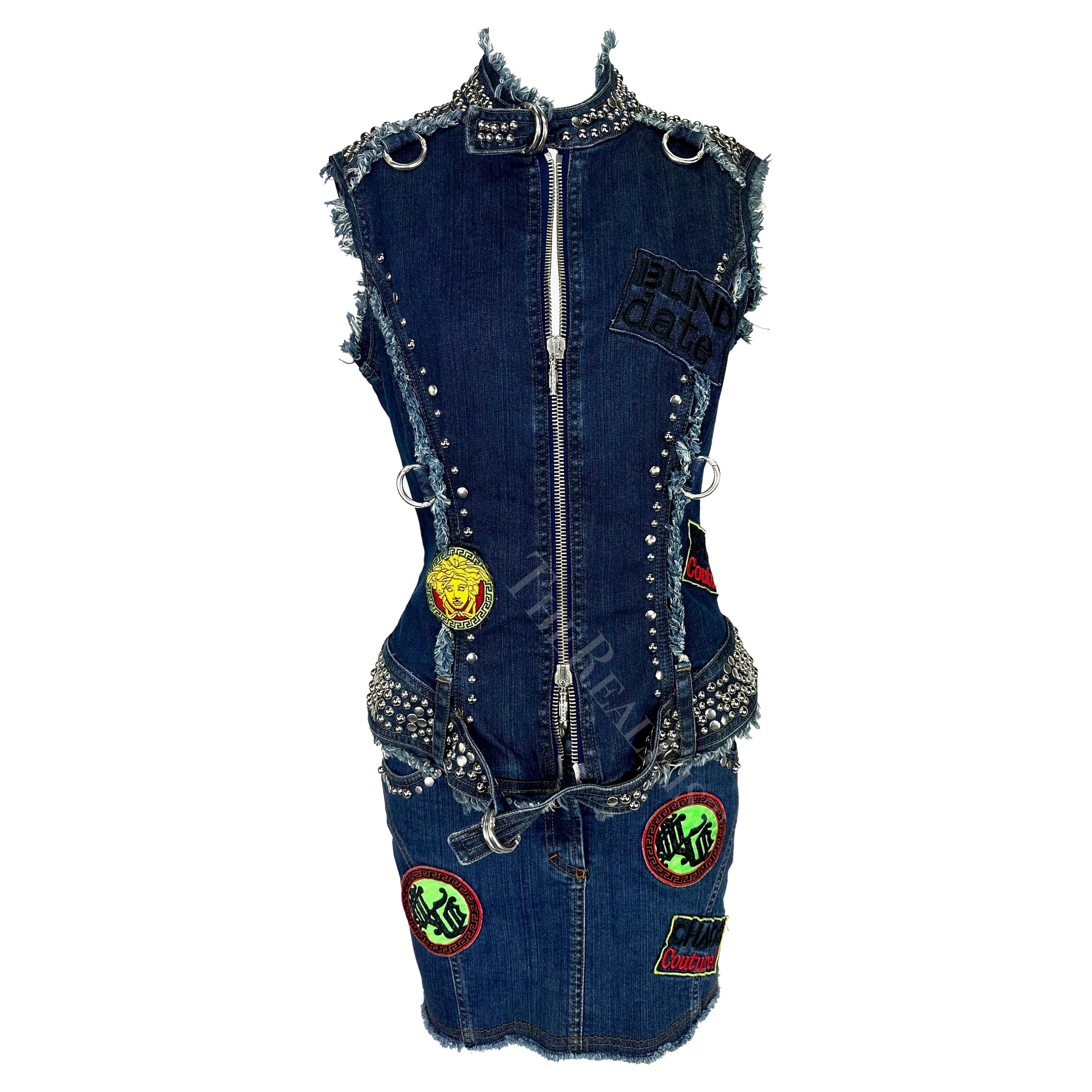 S/S 2005 Versace by Donatella Chaos Couture Studded Denim Patch Vest Skirt Set For Sale 1