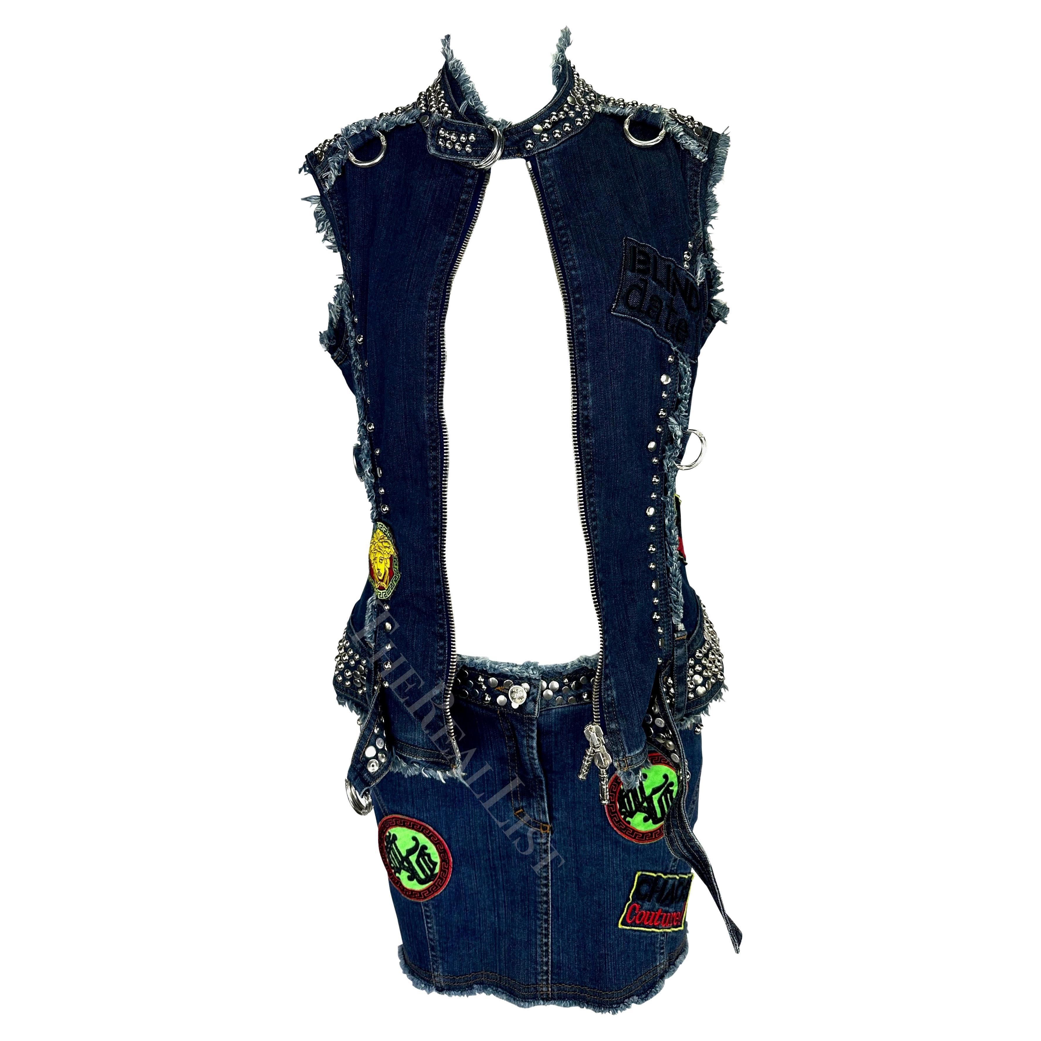 S/S 2005 Versace by Donatella Chaos Couture Studded Denim Patch Vest Skirt Set For Sale 2