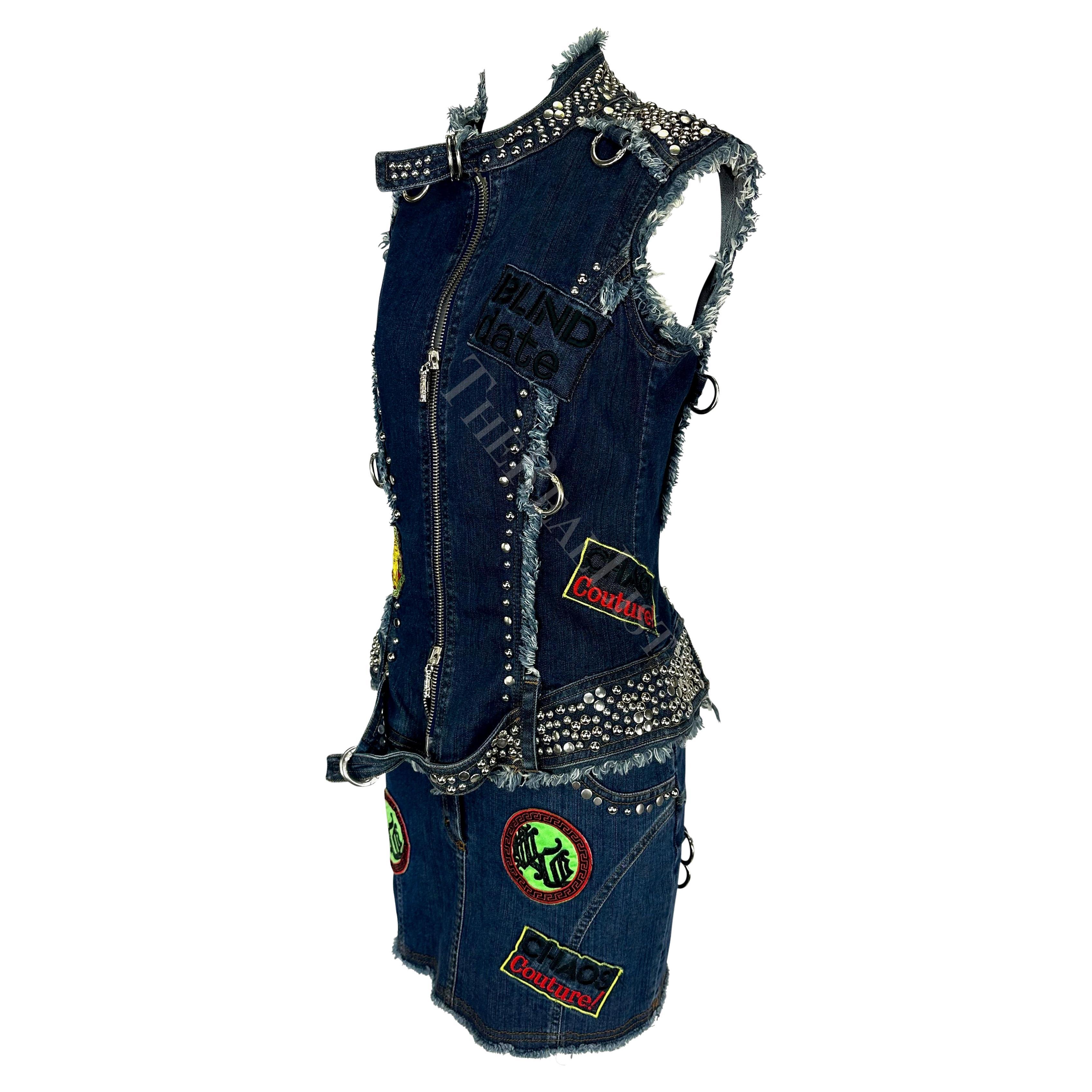 S/S 2005 Versace by Donatella Chaos Couture Studded Denim Patch Vest Skirt Set For Sale 3