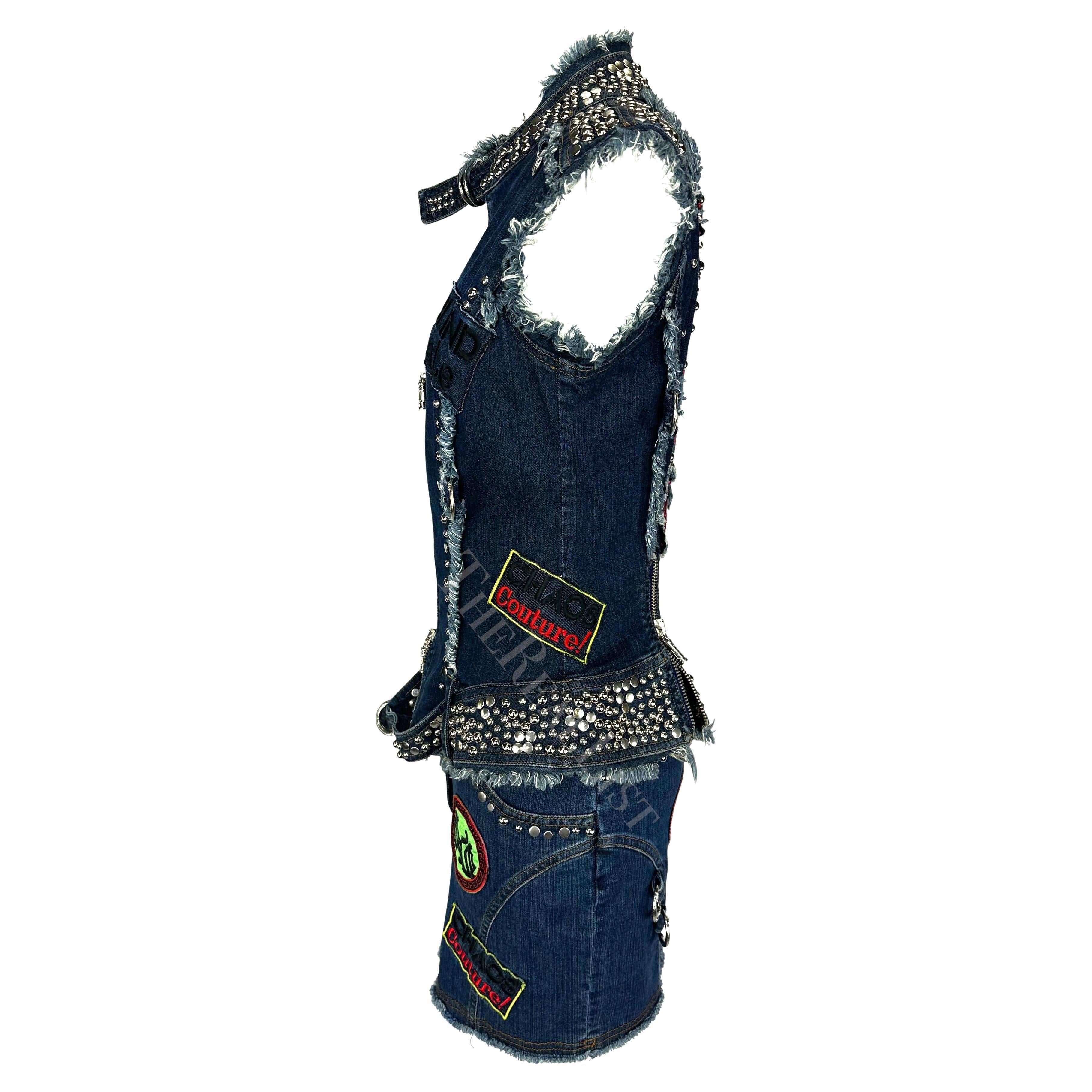 S/S 2005 Versace by Donatella Chaos Couture Studded Denim Patch Vest Skirt Set For Sale 4