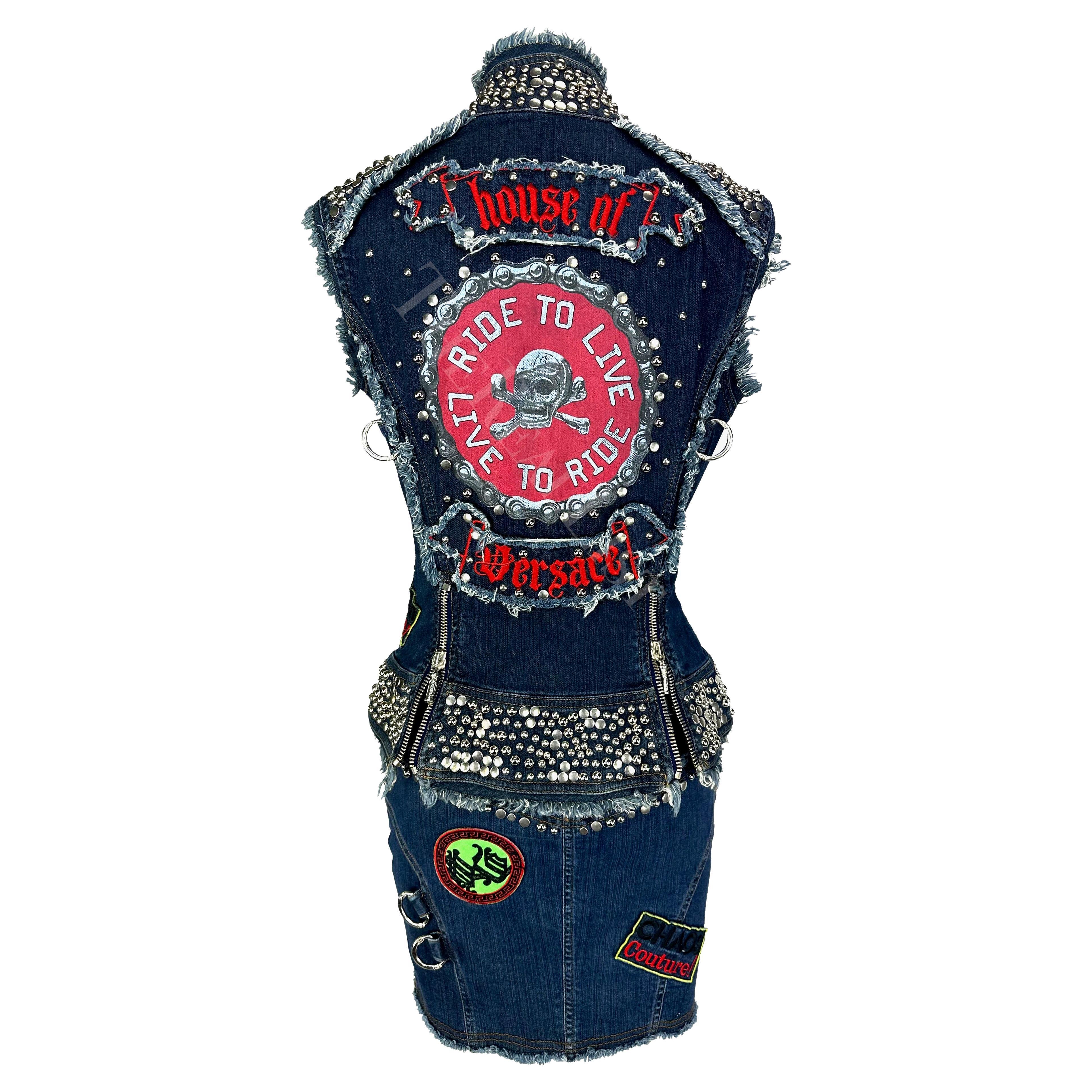 S/S 2005 Versace by Donatella Chaos Couture Studded Denim Patch Vest Skirt Set For Sale