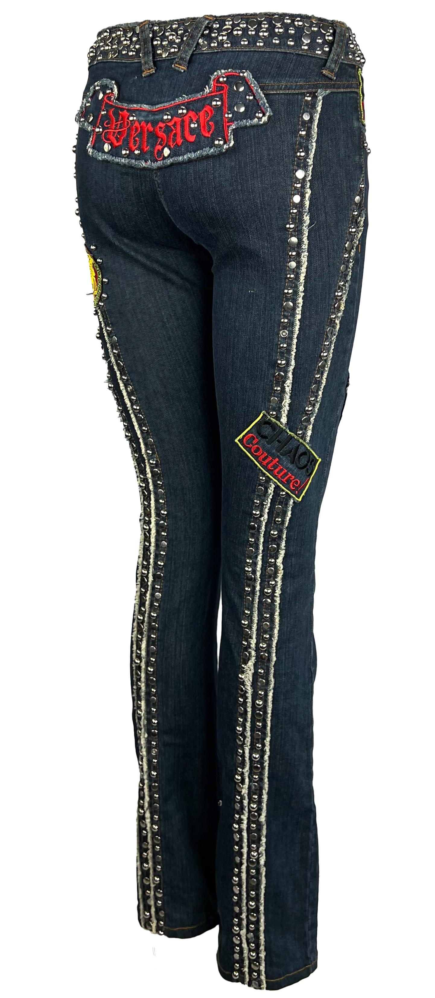 Black S/S 2005 Versace by Donatella Denim Chaos Couture Patch Metal Studded Jeans For Sale