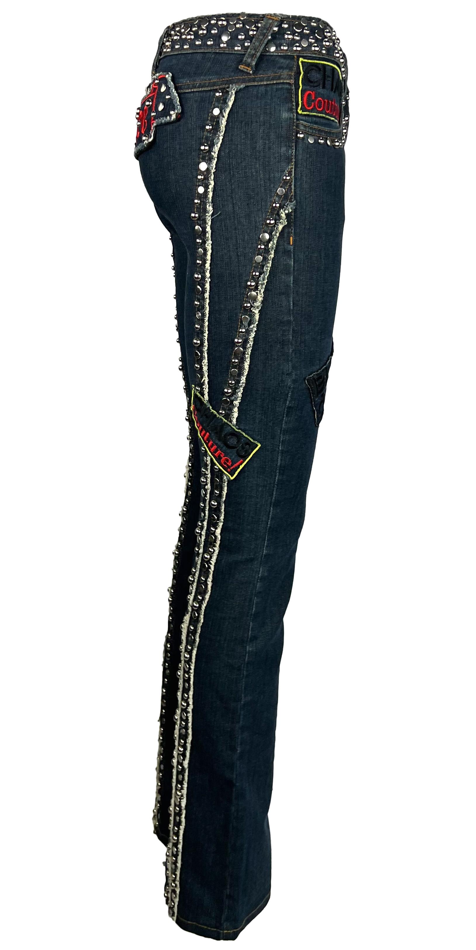 S/S 2005 Versace by Donatella Denim Chaos Couture Patch Metal Studded Jeans In Excellent Condition For Sale In West Hollywood, CA